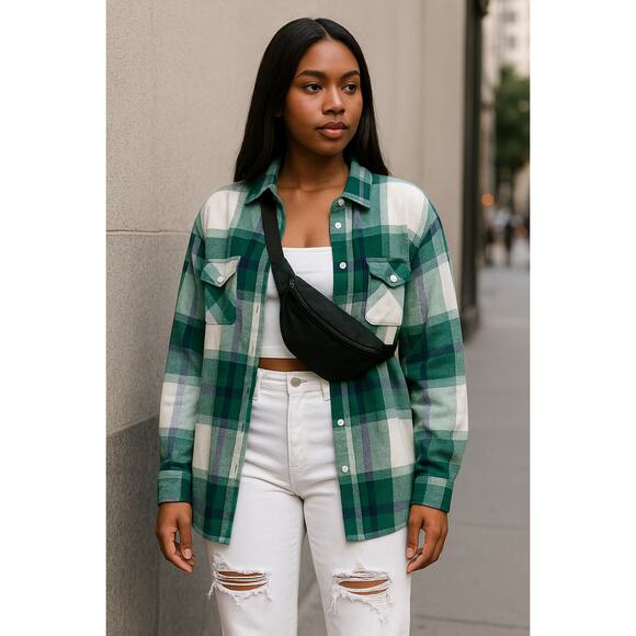 New Small Long Plaid Button Up‎ Flannel Long Sleeve Top Blouse Down Fall Green - Picture 1 of 6